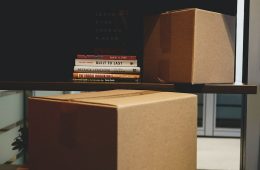 two brown boxes and DVD cases on rack